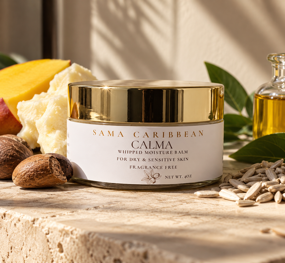 CALMA Whipped Body Balm by SAMA Caribbean, shown with ingredients