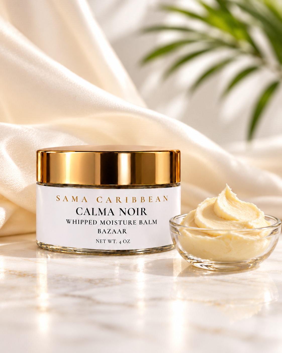 CALMA NOIR Bazaar balm beside a bowl showing its whipped texture in soft ivory studio light