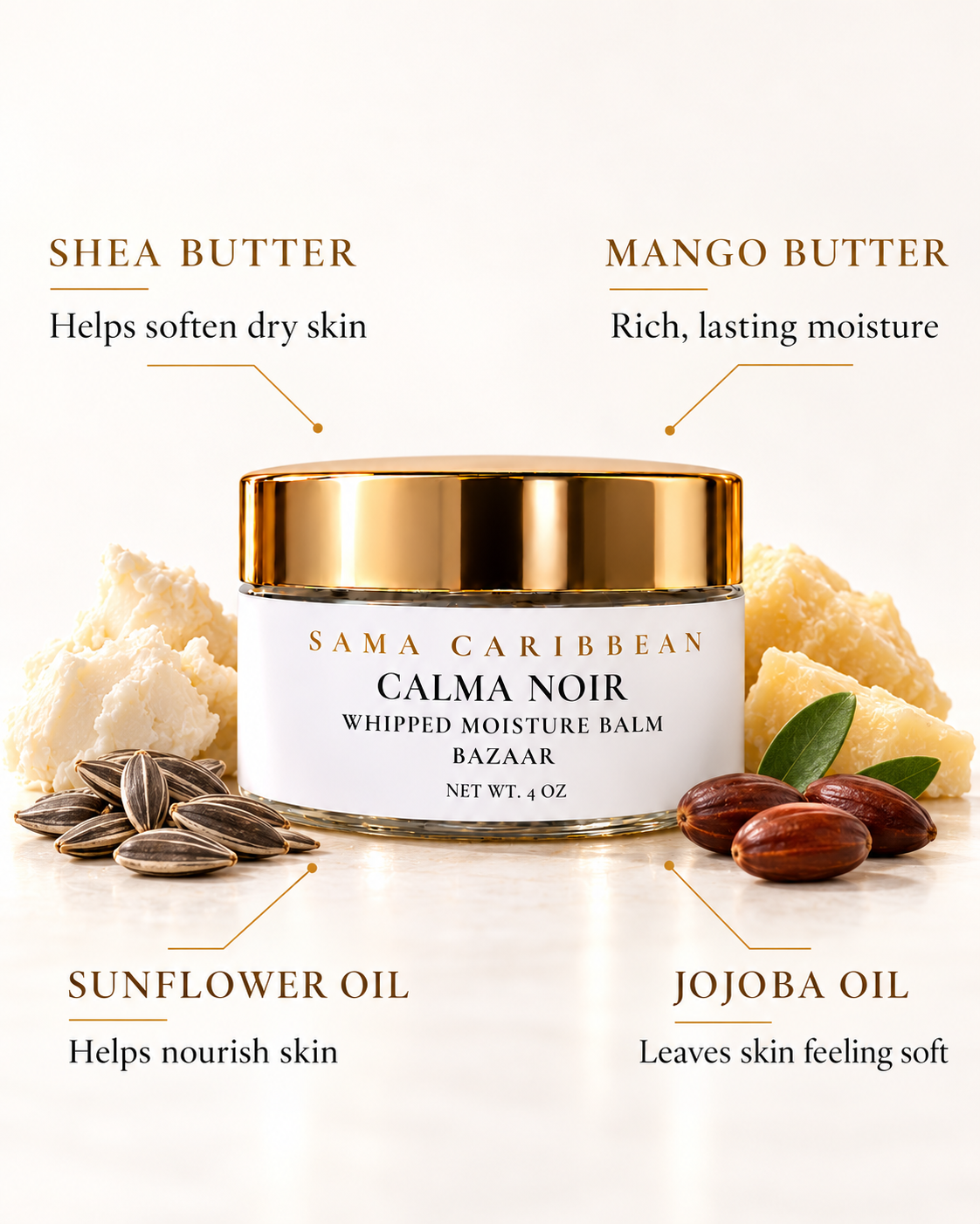 CALMA NOIR balm ingredient benefits: shea butter, mango butter, sunflower oil and jojoba oil