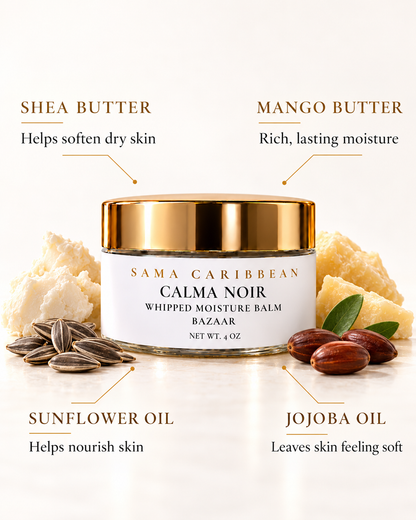 CALMA NOIR balm ingredient benefits: shea butter, mango butter, sunflower oil and jojoba oil