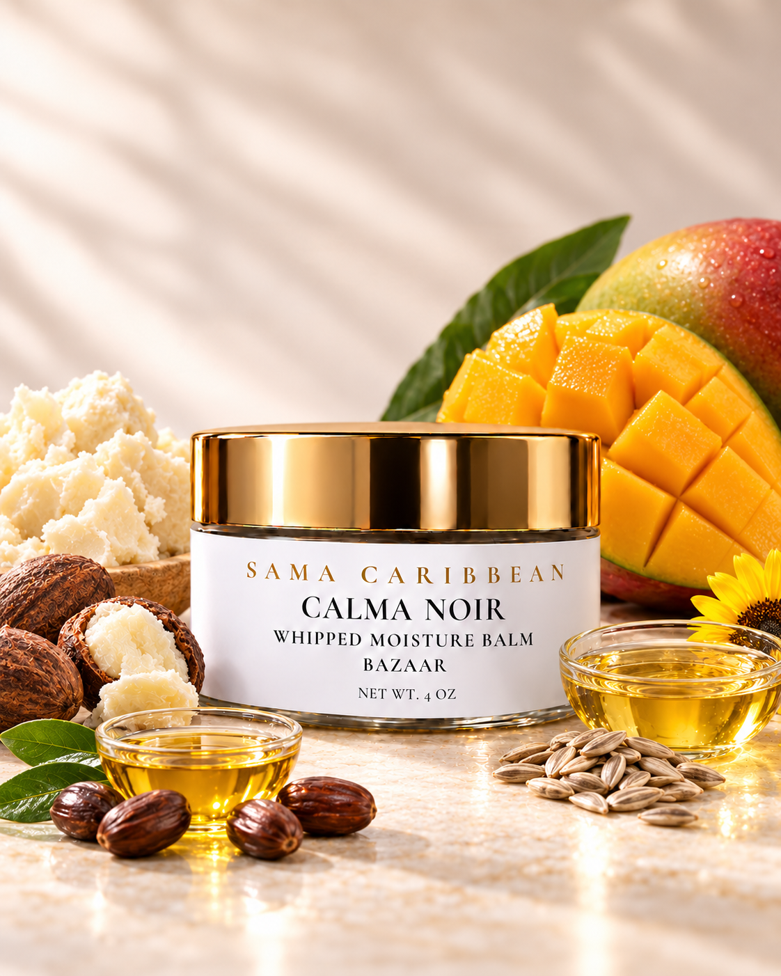 CALMA NOIR Bazaar balm with mango, shea butter, sunflower seeds and jojoba ingredients